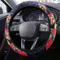 Pasifika Festival Steering Wheel Cover Plumeria Turtles with Hibiscus - Polynesian Art Tattoo Dark Navy Color LT03 - Polynesian Pride