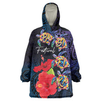 Pasifika Festival Wearable Blanket Hoodie Plumeria Turtles with Hibiscus - Polynesian Art Tattoo Dark Navy Color LT03 One Size Dark Navy - Polynesian Pride