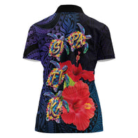 Pasifika Festival Women Polo Shirt Plumeria Turtles with Hibiscus - Polynesian Art Tattoo Dark Navy Color LT03 - Polynesian Pride