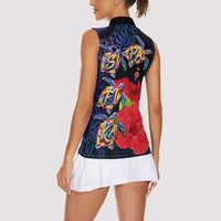 Pasifika Festival Women Sleeveless Polo Shirt Plumeria Turtles with Hibiscus - Polynesian Art Tattoo Dark Navy Color