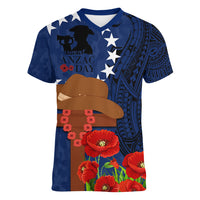 Cook Island ANZAC Day Women V Neck T Shirt Soldier Paying Respect We Shall Remember Them LT03 Female Blue - Polynesian Pride