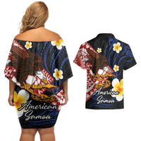 American Samoa Flag Day Couples Matching Off Shoulder Short Dress and Hawaiian Shirt Polynesian Tatau Art and Plumeria