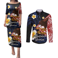 American Samoa Flag Day Couples Matching Puletasi and Long Sleeve Button Shirt Polynesian Tatau Art and Plumeria