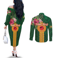 Personalised Manuʻa Islands Couples Matching Off The Shoulder Long Sleeve Dress and Long Sleeve Button Shirt Polynesian Style with Rooster Tattoo and Tropical Plants LT03 - Polynesian Pride