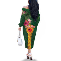 Personalised Manuʻa Islands Family Matching Off The Shoulder Long Sleeve Dress and Hawaiian Shirt Polynesian Style with Rooster Tattoo and Tropical Plants LT03 - Polynesian Pride