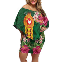 Personalised Manuʻa Islands Family Matching Off Shoulder Short Dress and Hawaiian Shirt Polynesian Style with Rooster Tattoo and Tropical Plants LT03 Mom's Dress Green - Polynesian Pride