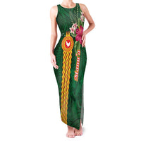Personalised Manuʻa Islands Family Matching Tank Maxi Dress and Hawaiian Shirt Polynesian Style with Rooster Tattoo and Tropical Plants LT03 Mom's Dress Green - Polynesian Pride
