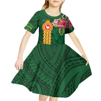 Manuʻa Islands Kid Short Sleeve Dress Polynesian Style with Rooster Tattoo and Tropical Plants