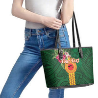 Manuʻa Islands Leather Tote Bag Polynesian Style with Rooster Tattoo and Tropical Plants