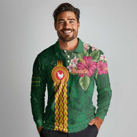 Manuʻa Islands Long Sleeve Polo Shirt Polynesian Style with Rooster Tattoo and Tropical Plants