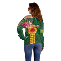 Personalised Manuʻa Islands Off Shoulder Sweater Polynesian Style with Rooster Tattoo and Tropical Plants LT03 - Polynesian Pride