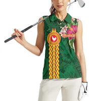 Manuʻa Islands Women Sleeveless Polo Shirt Polynesian Style with Rooster Tattoo and Tropical Plants