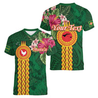 Manuʻa Islands Women V-Neck T-Shirt Polynesian Style with Rooster Tattoo and Tropical Plants