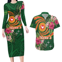Personalised Manuʻa Islands Couples Matching Long Sleeve Bodycon Dress and Hawaiian Shirt Polynesian Art Tattoo Style and Tropical Plants LT03 Green - Polynesian Pride