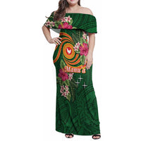 Personalised Manuʻa Islands Family Matching Off Shoulder Maxi Dress and Hawaiian Shirt Polynesian Art Tattoo Style and Tropical Plants LT03 Mom's Dress Green - Polynesian Pride