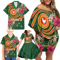Personalised Manuʻa Islands Family Matching Off Shoulder Short Dress and Hawaiian Shirt Polynesian Art Tattoo Style and Tropical Plants LT03 - Polynesian Pride