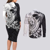 Hafa Adai Guam Couples Matching Long Sleeve Bodycon Dress and Long Sleeve Button Shirt Polynesian Palm Tree Tattoo Hibiscus and Plumeria Art