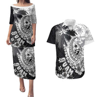 Hafa Adai Guam Couples Matching Puletasi and Hawaiian Shirt Polynesian Palm Tree Tattoo Hibiscus and Plumeria Art