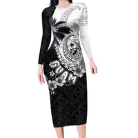 Hafa Adai Guam Family Matching Long Sleeve Bodycon Dress and Hawaiian Shirt Polynesian Palm Tree Tattoo Hibiscus and Plumeria Art LT03 Mom's Dress Black - Polynesian Pride