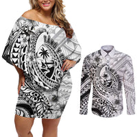 Guam-Land of the Chamorro Couples Matching Off Shoulder Short Dress and Long Sleeve Button Shirt Polynesian Tattoo Style Hibiscus and Plumeria Art LT03 Black - Polynesian Pride