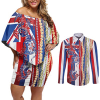Hawaiian Sea Animals Couples Matching Off Shoulder Short Dress and Long Sleeve Button Shirt with Lei and Flag Style