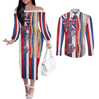 Hawaiian Sea Animals Couples Matching Off The Shoulder Long Sleeve Dress and Long Sleeve Button Shirt with Lei and Flag Style
