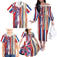 Hawaiian Sea Animals Family Matching Off The Shoulder Long Sleeve Dress and Hawaiian Shirt with Lei and Flag Style LT03 - Polynesian Pride