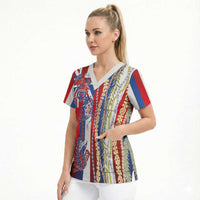 Hawaiian Sea Animals Scrub Top with Lei and Flag Style