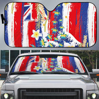 Hawaiian Sea Turtles and Plumeria Auto Sun Shade with Lei and Flag Grunge Style
