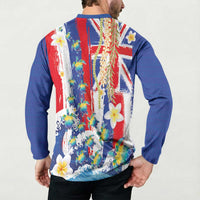 Hawaiian Sea Turtles and Plumeria Button Sweatshirt with Lei and Flag Grunge Style