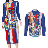 Hawaiian Sea Turtles and Plumeria Couples Matching Long Sleeve Bodycon Dress and Long Sleeve Button Shirt with Lei and Flag Grunge Style LT03 Multicolor - Polynesian Pride