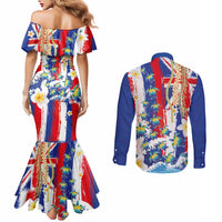 Hawaiian Sea Turtles and Plumeria Couples Matching Mermaid Dress and Long Sleeve Button Shirt with Lei and Flag Grunge Style LT03 - Polynesian Pride