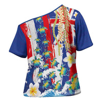 Hawaiian Sea Turtles and Plumeria Cross Shoulder Shirt with Lei and Flag Grunge Style