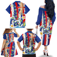 Hawaiian Sea Turtles and Plumeria Family Matching Off The Shoulder Long Sleeve Dress and Hawaiian Shirt with Lei and Flag Grunge Style LT03 - Polynesian Pride