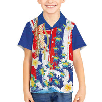 Hawaiian Sea Turtles and Plumeria Family Matching Off Shoulder Short Dress and Hawaiian Shirt with Lei and Flag Grunge Style LT03 Son's Shirt Multicolor - Polynesian Pride