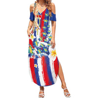 Hawaiian Sea Turtles and Plumeria Family Matching Summer Maxi Dress and Hawaiian Shirt with Lei and Flag Grunge Style LT03 Mom's Dress Multicolor - Polynesian Pride