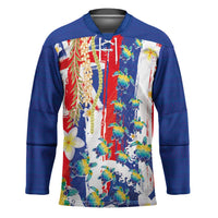 Hawaiian Sea Turtles and Plumeria Hockey Jersey with Lei and Flag Grunge Style