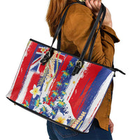 Hawaiian Sea Turtles and Plumeria Leather Tote Bag with Lei and Flag Grunge Style