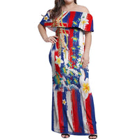 Hawaiian Sea Turtles and Plumeria Off Shoulder Maxi Dress with Lei and Flag Grunge Style