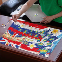 Hawaiian Sea Turtles and Plumeria Puzzle with Lei and Flag Grunge Style