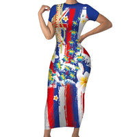 Hawaiian Sea Turtles and Plumeria Short Sleeve Bodycon Dress with Lei and Flag Grunge Style LT03 Long Dress Multicolor - Polynesian Pride