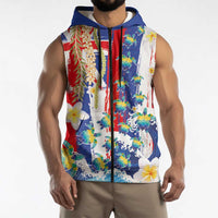 Hawaiian Sea Turtles and Plumeria Sleeveless Zip Hoodie with Lei and Flag Grunge Style