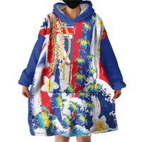 Hawaiian Sea Turtles and Plumeria Wearable Blanket Hoodie with Lei and Flag Grunge Style LT03 - Polynesian Pride