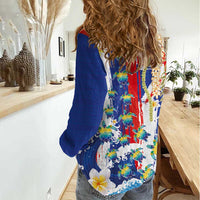 Hawaiian Sea Turtles and Plumeria Women Casual Shirt with Lei and Flag Grunge Style LT03 - Polynesian Pride