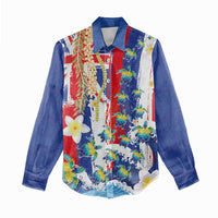 Hawaiian Sea Turtles and Plumeria Women Casual Shirt with Lei and Flag Grunge Style LT03 - Polynesian Pride