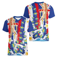 Hawaiian Sea Turtles and Plumeria Women V-Neck T-Shirt with Lei and Flag Grunge Style LT03 - Polynesian Pride