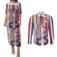 Hawaiian Polynesian Tribal Turtles Couples Matching Puletasi and Long Sleeve Button Shirt with Lei and Flag Style
