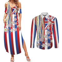 Hawaiian Polynesian Tribal Turtles Couples Matching Summer Maxi Dress and Long Sleeve Button Shirt with Lei and Flag Style