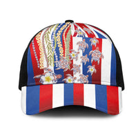 Hawaiian Polynesian Tribal Turtles Mesh Trucker Cap with Lei and Flag Style