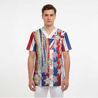 Hawaiian Polynesian Tribal Turtles Scrub Top with Lei and Flag Style
